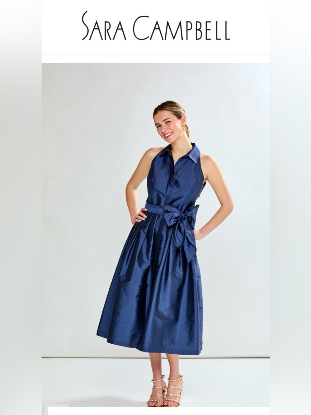 Sara CampbellThe Ashley Dress  Navy Sleeveless Collared Midi  with Side Bow